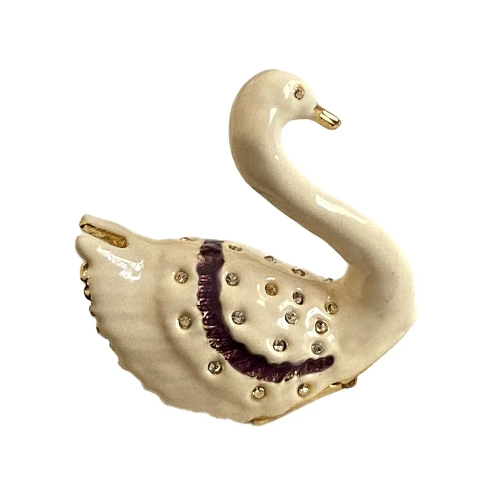OBJECT D ART Enamel White SWAN Grace JEWELED TRINKET BOX Magnetic Closure